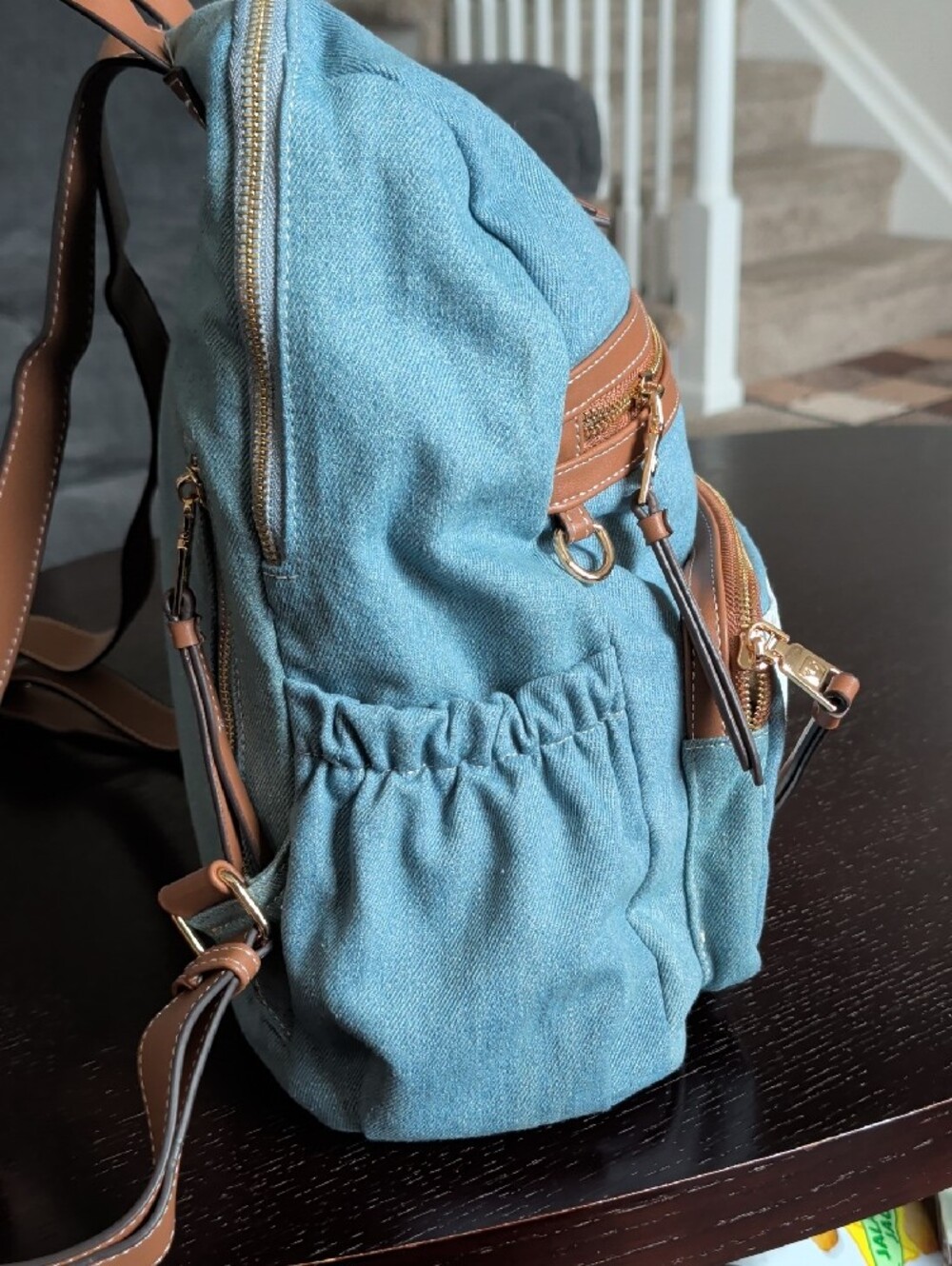 True Religion Light Blue Denim Backpack with Brown Trim and Gold Hardware - Picture 3 of 5